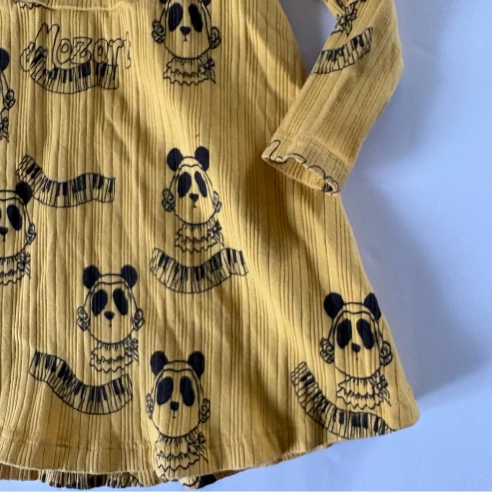 Mini Rodini Mustard Yellow Mozart Panda Piano Keyboard Novelty Print Dress 12-18